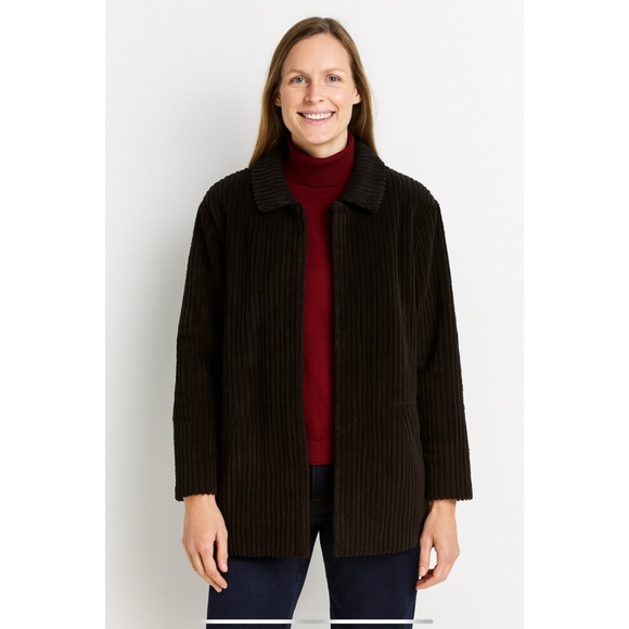 EILEEN FISHER ORGANIC COTTON WIDE CORDUROY COAT SNAP FRONT LINED POCKETS BLK PS - Picture 1 of 11